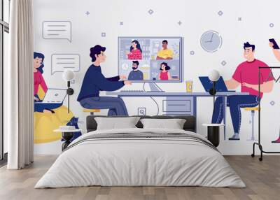 Freelance people work in comfortable conditions. Work at home coworking, space. Videoconference and online meeting. Self Employment Concept. Vector. Flat cartoon style. Illustration. Wall mural