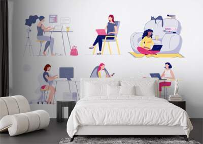 Freelance people. Set of illustrations of characters, young people work at home on the computer. Interiors at home, coworking. The concept of self-employment. Vector. Flat cartoon style. Illustration. Wall mural