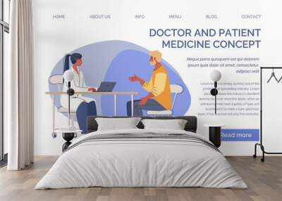 Reception of doctor, therapist, narrow specialist. Young man asked for medical help. Physician consults patient, diagnoses, prescribes treatment.  Landing page. Vector flat cartoon illustration.

 Wall mural