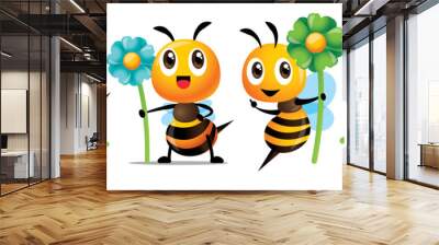 Cartoon cute bee with smile series holding big colourful flowers mascot set  Wall mural