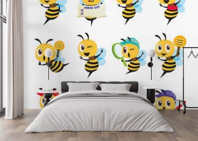 Collection of flat design cartoon cute bee character set in different poses. Bee holds different items and different action. Vector bee mascot set Wall mural