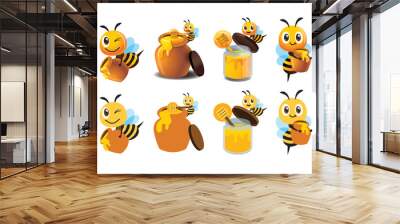 Flat design and 3D style cartoon cute bee mascot set. Cartoon cute bee with honey pot set. Cute bee carries honey pot and organic honey bottle. Vector character mascot set Wall mural