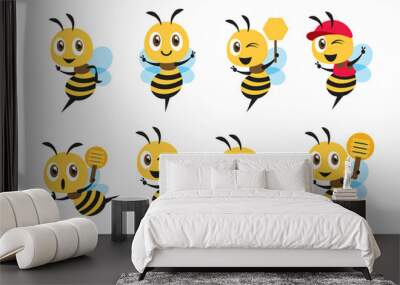 Flat design cartoon cute bee mascot set with different poses. Cartoon cute bee showing victory sign, holding a honey dipper and wearing cap. Flat vector illustration Wall mural