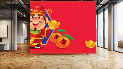 God of wealth character holds gold ingots on blank space in red for Chinese New Year greeting text. Gold ingot and tangerine display on floor Wall mural