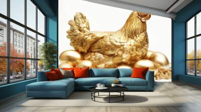 gold chicken with gold eggs on white background Wall mural