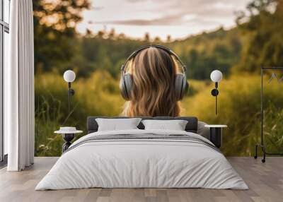 Music therapy, harmony, mental health concept. Pretty young woman enjoying music with headphones outdoors. Woman wearing headphones enjoying music and good vibes  Wall mural