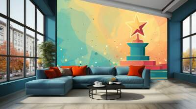 illustration of an abstract trophy with star and geometric shapes, set against a vibrant background with scattered stars,  Wall mural