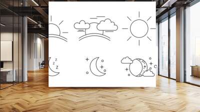  weather vector rising or cloud sun setting icons set. Weather forecast sign symbols meteorology, Bundle of day and night time pictograms drawn with black contour lines on white background. Wall mural