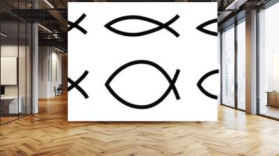 Christian fish set. Ichthys. Religious symbol. Sign of Jesus. Logo of Christianity. Christ and bible. Black emblem of ictus for religion. Wall mural