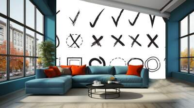 Doodle hand drawn chalk check mark set. sketch checkboxes, tick and cross symbols. tick cross signs. Crayon grunge checkmark elements. vector illustration isolated on white background Wall mural