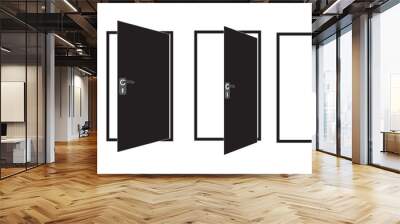 Door icons collection. Open, close and ajar door. office doors, Doors collection. Opened entrance door set flat style. Wall mural