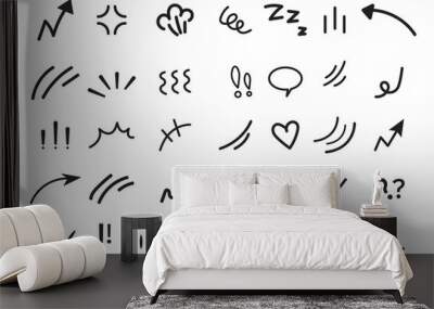 Line movement effect element, cartoon emotion effect decoration icon. Hand drawn cute doodle line element arrow, emphasis, shock, sparkle. Anime movement Wall mural