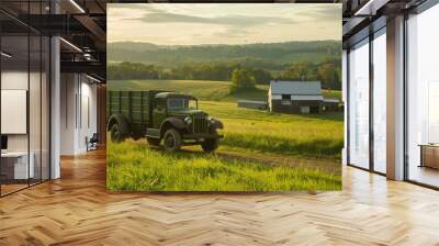 A vintage delivery truck transporting goods to a rural store, with rolling hills and barns in the background, Rural setting with historic transport Wall mural