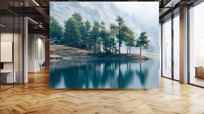 Copy space image showcasing pine trees by a serene blue water on the hill s edge Wall mural