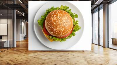 delicious burger on plate white background, top view of delicious burger. AI Wall mural