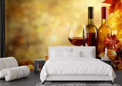 Harvest wine bottles and glasses, Autumn background Wall mural