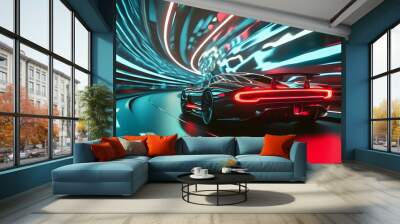 Sports car in a futuristic highway tunnel Wall mural