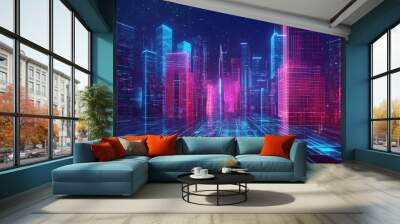 Vector illustration urban architecture, cityscape with space and neon light effect. Modern hi-tech, science, futuristic technology concept. Abstract digital high tech city design for banner background Wall mural