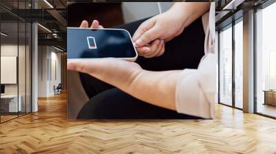 Woman hands Charging mobile phone battery with low battery. plugging a charger in a smart phone  with energy bank powerbank power charger Modern lifestyle energy technology concept Wall mural