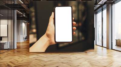 Women's hands holding cell telephone blank copy space screen. smartphone with blank white screen isolated on white background . smart phone with technology concept Wall mural