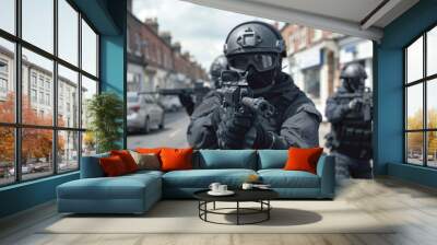 special forces police team close-up on officer in action Wall mural