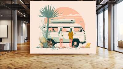 Van life vector art of two women going on an adventure in the desert together slow living Wall mural