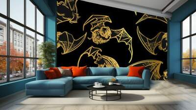 bat seamless pattern japanese chinese oriental vector ink style design elements illustration gold black Wall mural