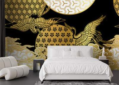 black and gold crane birds sky cloud japanese chinese vector design pattern Wall mural