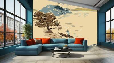 boat view vector japanese chinese nature ink illustration engraved sketch traditional textured seamless pattern colorful watercolor Wall mural