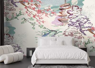 building landscape nature landscape view vector sketch illustration japanese chinese oriental line art ink seamless pattern Wall mural