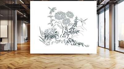 chrysanthemum card nature landscape view vector sketch illustration japanese chinese oriental line art design Wall mural