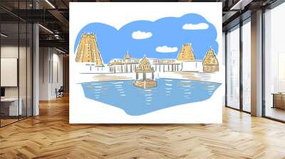 Ekambareswarar temple Hindu deity Shiva Kanchipuram in Tamil Nadu India religion institution vector sketch city illustration line art sketch simple Wall mural