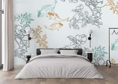 fish koi japanese chinese design sketch ink paint style seamless pattern Wall mural