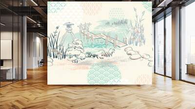 stone garden japanese chinese design sketch ink paint style seamless pattern Wall mural