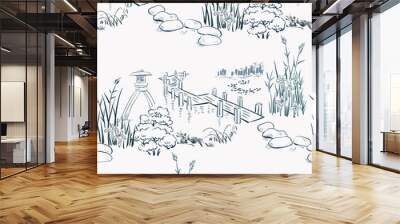 stone garden japanese chinese design sketch ink paint style seamless pattern Wall mural