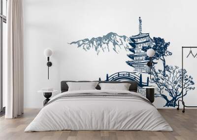 temple card nature landscape view bridge vector sketch illustration japanese chinese oriental line art Wall mural