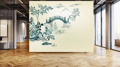 temple nature landscape view vector sketch illustration japanese chinese oriental line art Wall mural