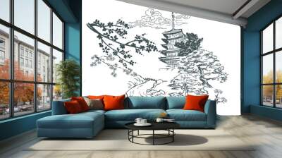 temple view mountains card nature landscape view vector sketch illustration japanese chinese oriental line art design Wall mural