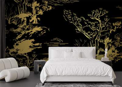 tree forest japanese chinese design sketch black gold style seamless pattern Wall mural