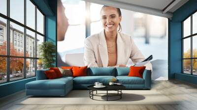 Business contract, client and woman marketing employee with a smile in a meeting room. Happy corporate worker working on advertising pitch for a b2b and crm partnership feeling happiness and success Wall mural