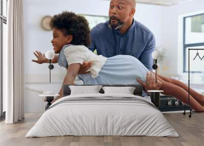 Child, dad and happy with airplane game in kitchen, freedom and fun with love bonding in home. Black family, playing and fantasy flying with arms in air, young daughter and trust together in house Wall mural