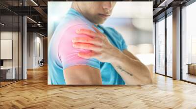 Hands, fitness injury and shoulder pain in gym after accident, workout or training exercise. Sports, health and athlete man with fibromyalgia, inflammation or painful arm, arthritis or tendinitis. Wall mural