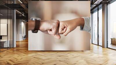 Hands, teamwork and fist bump with a business man and woman fist bumping together in their office. Winner, goal and collaboration with a male and female employee celebrating a goal or target at work Wall mural