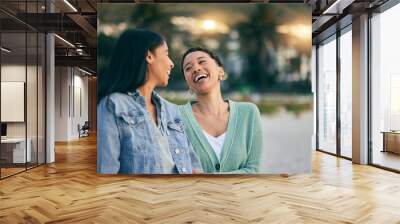 Laughing, friends or gay couple with outdoor for travel walk, pride or date in Miami. LGBTQ or lesbian women, friends or people together for freedom, funny conversation or commitment to happy partner Wall mural