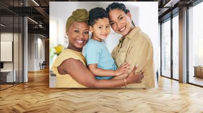 LGBT, child hug or portrait of happy family, non binary mama or transgender mom bonding, smile and care for young son. Lesbian love, home and face of gay people, mothers or women embrace adoption kid Wall mural