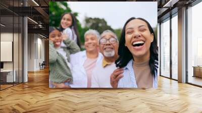 Park selfie of grandparents, happy kids and parents, smile and bonding on weekend in nature. Photography, fun and memory for big family on picnic, men and women with children in garden with smile. Wall mural