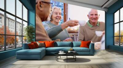 Toast, tea party and a group of elderly people in the living room of a community home for a social. Friends, smile or cheers with happy senior men and women together in an apartment for a visit Wall mural