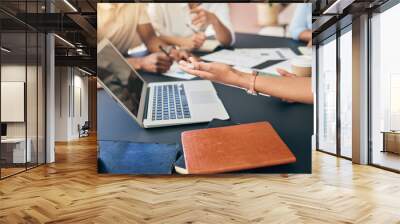 Meeting, hands of business people with laptop and paperwork for training, motivation and collaboration. Teamwork, men and women at office desk with computer, documents and brainstorming at workshop. Wall mural