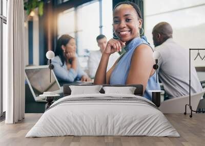 Portrait, business and black woman in a meeting, planning and brainstorming with ideas, laptop and feedback. Face, African person or corporate professional with teamwork, innovation and conversation Wall mural