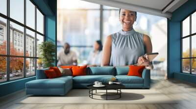 Portrait of black woman in office with tablet, smile and leadership in business meeting in professional space. Workshop, management and happy businesswoman with digital device, mockup and confidence. Wall mural